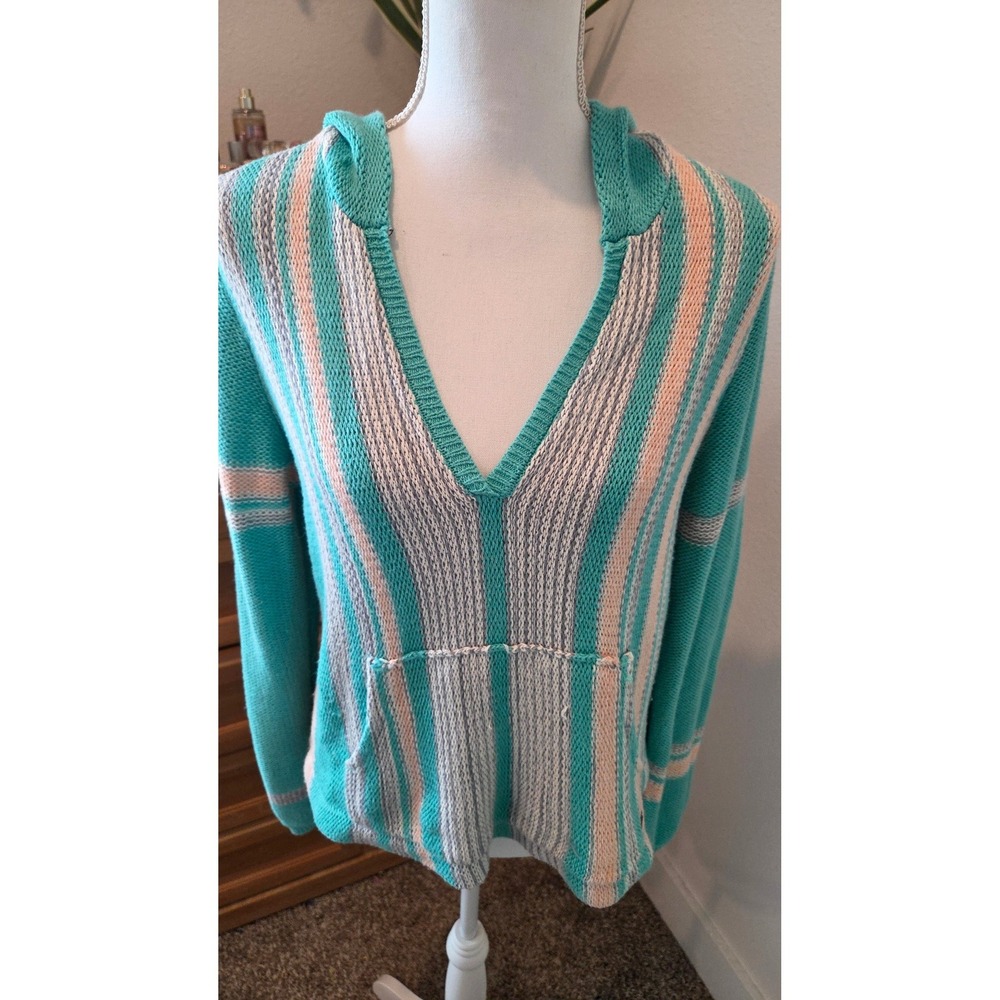 ONeill Womens Baja Knit Hoodie Striped V-Neck Turquoise Size M Hippie Festival
